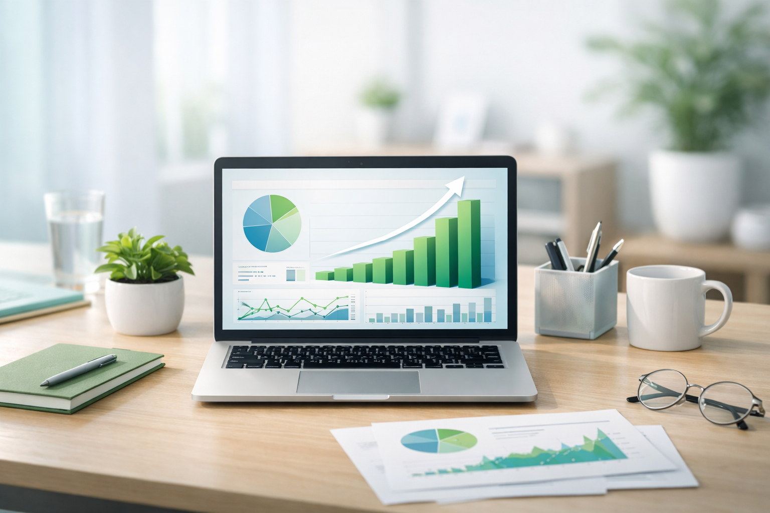 Affiliate Marketing Arbeitsplatz mit Laptop und Auswertungen